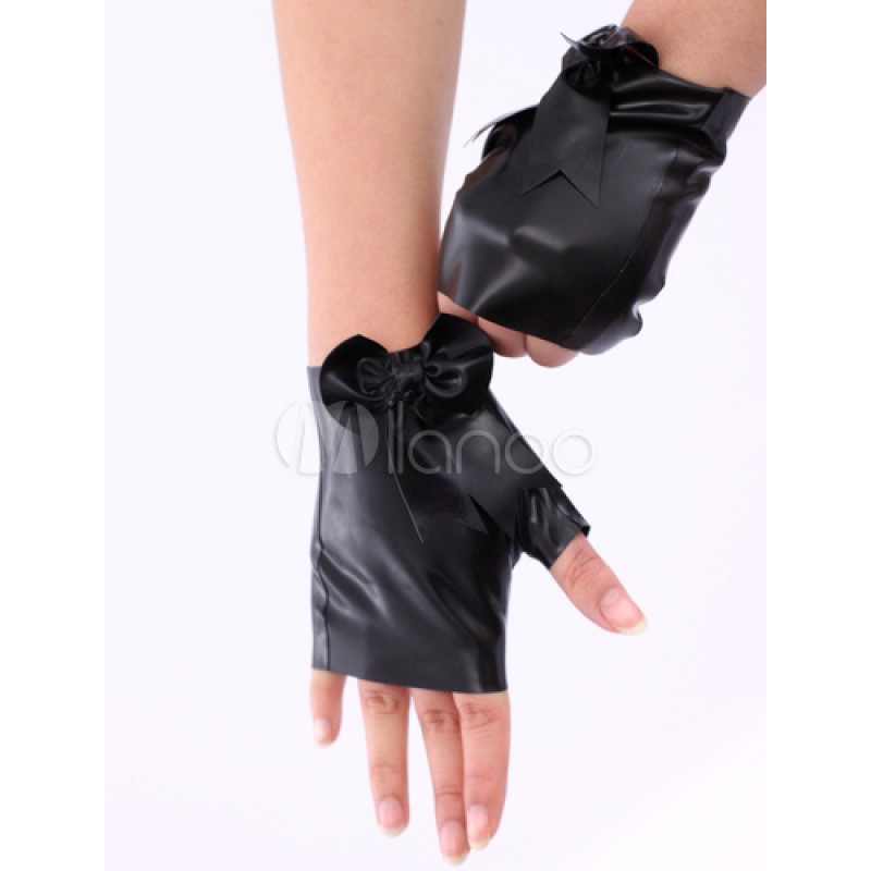 Women Black Small Bow Fingerless Latex Gloves Halloween