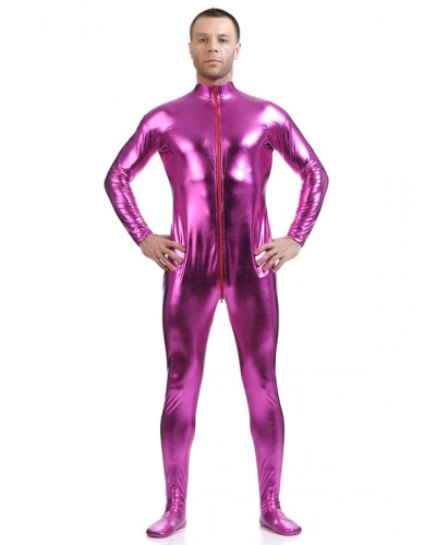 Men Rose Red Adults Bodysuit Shiny Metallic Catsuit For Solid