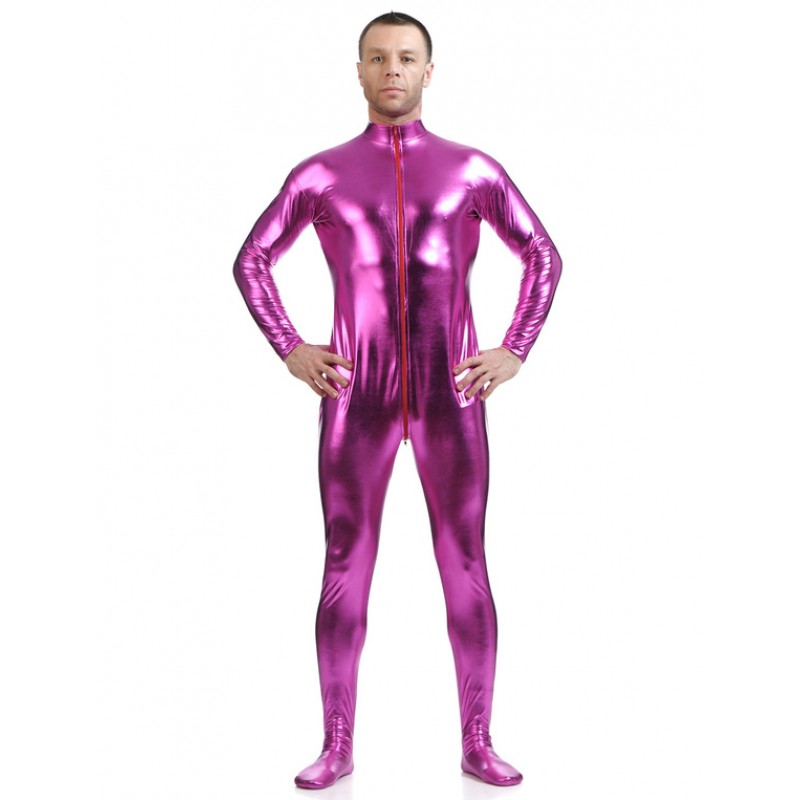 Men Rose Red Adults Bodysuit Shiny Metallic Catsuit For Solid