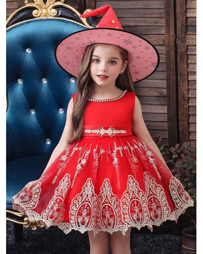 Women Carnival Cosplay Costumes For Kids Red Witch Lace Hot Stamping Dress With Hat For Carnival Tunic