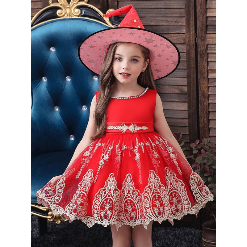 Women Carnival Cosplay Costumes For Kids Red Witch Lace Hot Stamping Dress With Hat For Carnival Tunic