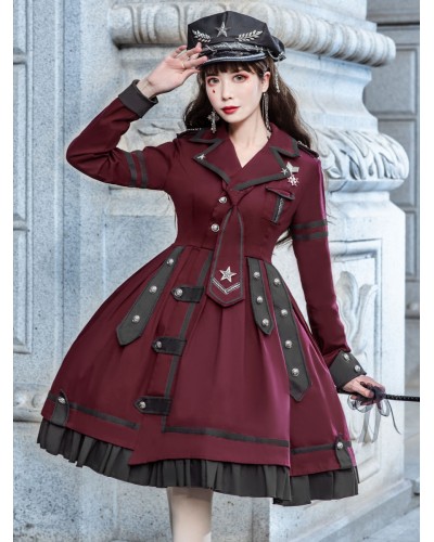 Military Style Lolita OP Dress Burgundy Long Sleeves Chains Ruffles Academic Lolita One Piece Dresses Gothic Spring Fall Winter Daily Casual