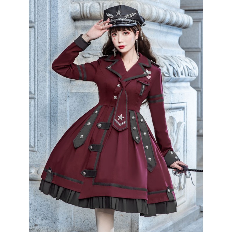 Military Style Lolita OP Dress Burgundy Long Sleeves Chains Ruffles Academic Lolita One Piece Dresses Gothic Spring Fall Winter Daily Casual