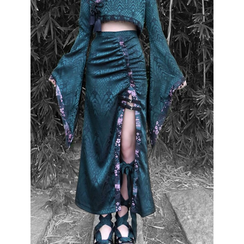 Grommets Lolita Skirt Dark Green Floral Print Lolita Skirts Spring Summer Fall