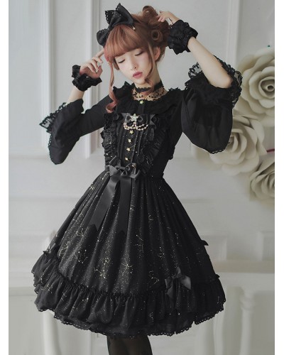 Gothic Lolita Dresses Ruffles Bows Stars Print Black Black