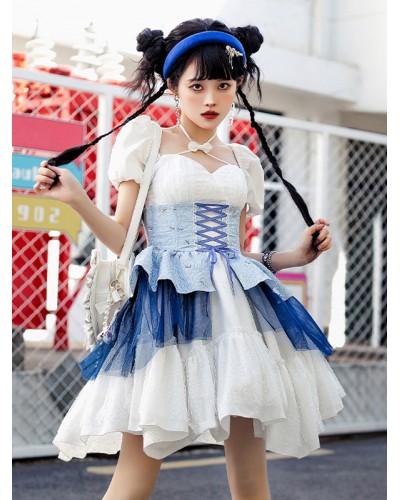 Sweet Lolita Dress Jacquard Short Sleeves Dress Adjustable Elastic