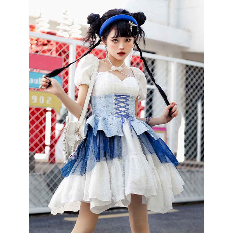 Sweet Lolita Dress Jacquard Short Sleeves Dress Adjustable Elastic