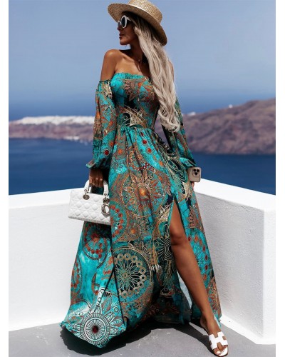 Dress Cyan Blue Bateau Neck Split Front Printed Dress Summer Beach