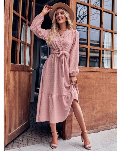 Midi Dresses V-Neck Long Sleeves Sash Fall Dress For Women Sweet Chic  Modern Street Wear Daily Casual Dating