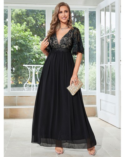 Women Party Dresses Black V-Neck Pleated Half Sleeves Semi Formal Dress Maxi Summer