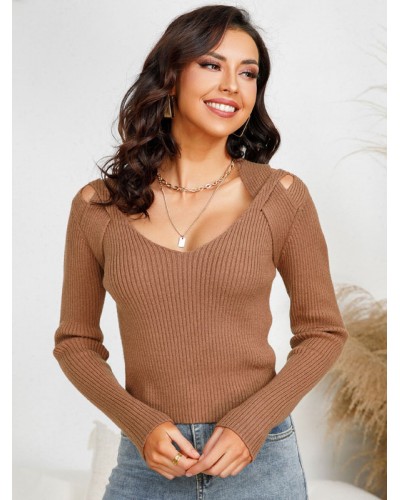 Pullovers For Women Coffee Brown V-Neck Long Sleeves Stretch Polyester Sweaters Sexy Daily Casual Field Party