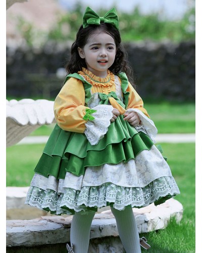 Polyester Tea Party Bows Long Sleeves Cotton Fall Dress ROCOCO Style Green Kids' Lolita Dresses