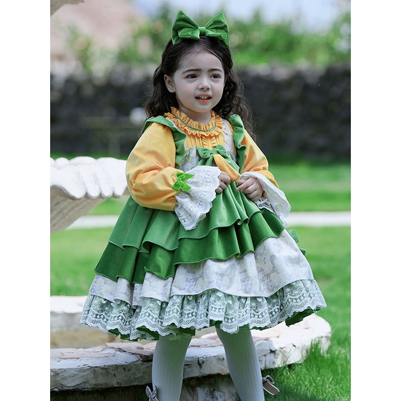 Polyester Tea Party Bows Long Sleeves Cotton Fall Dress ROCOCO Style Green Kids' Lolita Dresses