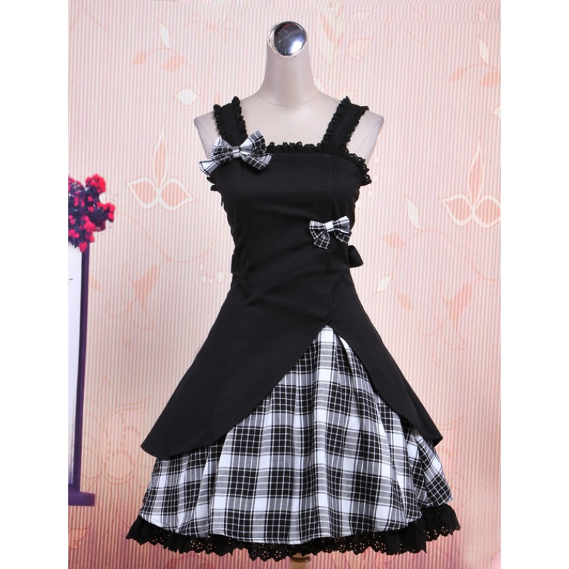 Lolita Dress JSK Black Gingham Applique Lolita Jumper Skirt Gothic Fall Daily Casual