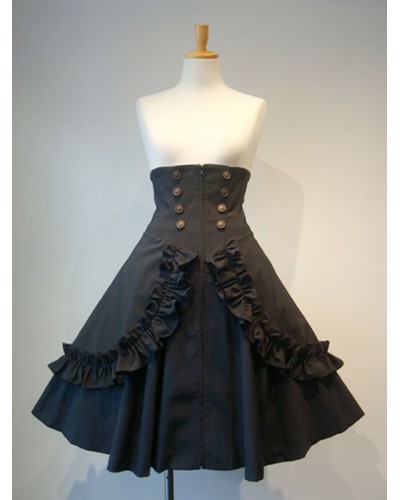 Gothic Lolita SK Frill Button Pleated Lace Up Black Lolita Skirt Party Tea Party