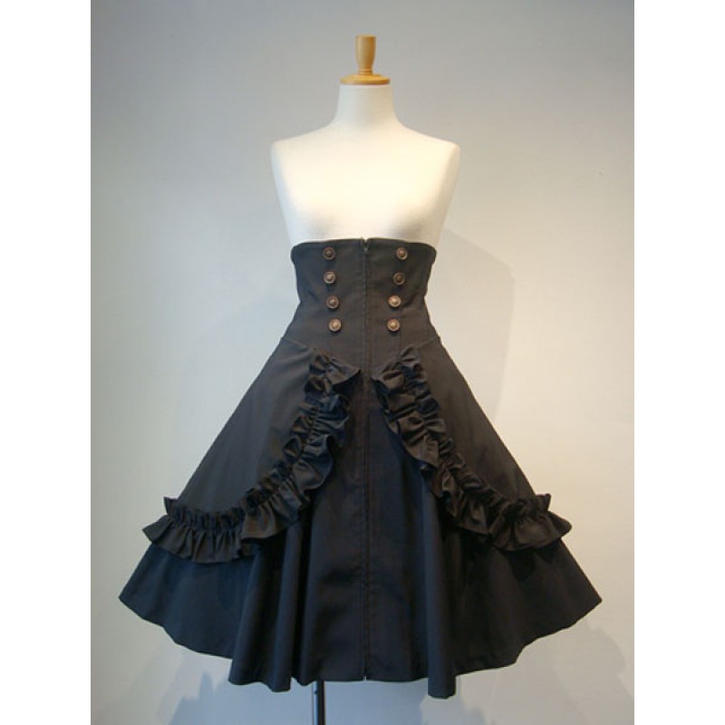 Gothic Lolita SK Frill Button Pleated Lace Up Black Lolita Skirt Party Tea Party