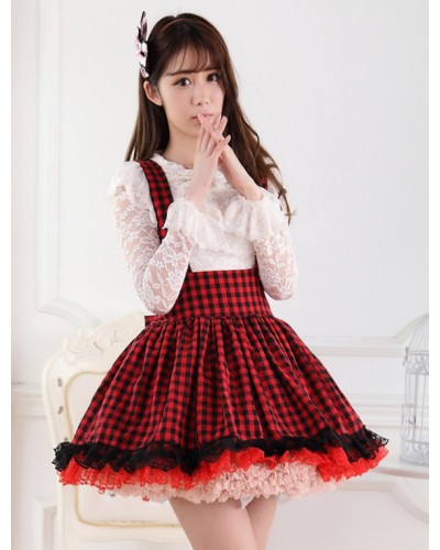 Red Black Gingham Lolita Skirt Salopette Lace Lining Spring Daily Casual