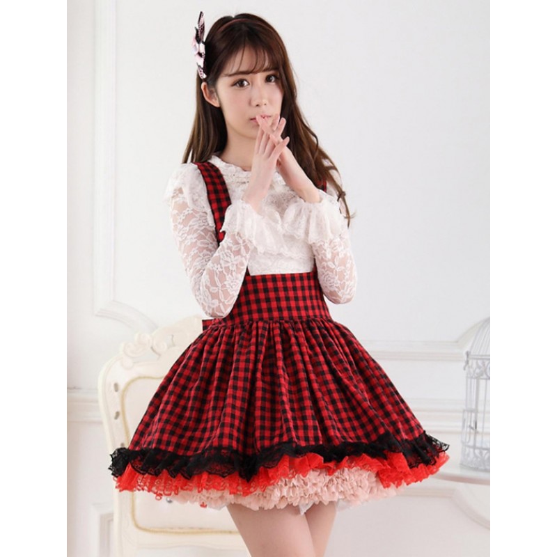 Red Black Gingham Lolita Skirt Salopette Lace Lining Spring Daily Casual