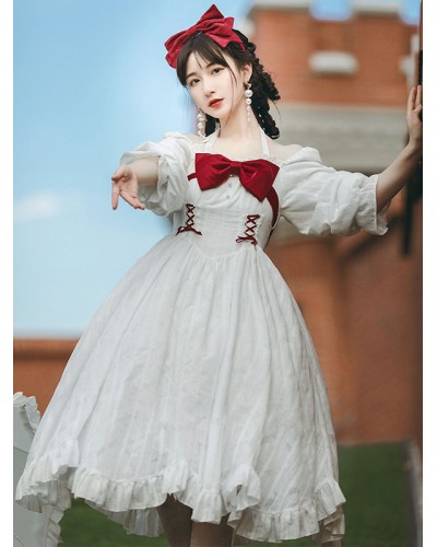 Sweet Lolita OP Dress Long Sleeves Bowknot Lace Up Ruffles Casual Lolita One Piece Dress