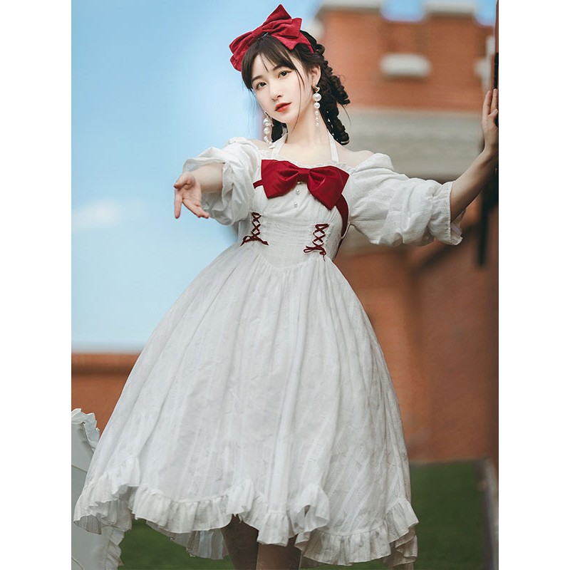 Sweet Lolita OP Dress Long Sleeves Bowknot Lace Up Ruffles Casual Lolita One Piece Dress