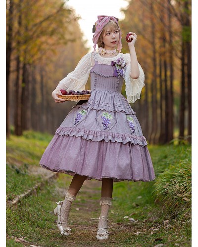 Classical Lolita Dress Cotton Lace Sleeveless Lolita Dresses Floral Print Grape Sweet Classic  Traditional ROCOCO