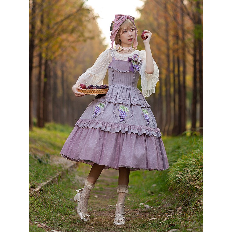 Classical Lolita Dress Cotton Lace Sleeveless Lolita Dresses Floral Print Grape Sweet Classic  Traditional ROCOCO