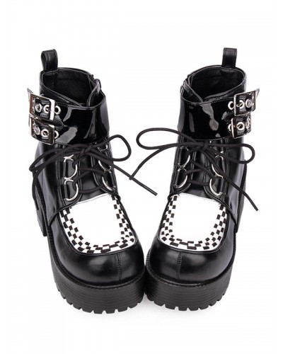 Lolita Boots Metallic Buckle Lace Up Platform Checkered Black Lolita Booties Punk Daily Casual Tea Party