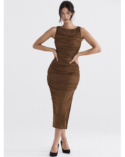 Bodycon Dresses Coffee Brown Jewel Neck Split Front Layered Chic Sleeveless Pencil Dress Maxi Street Wear Daily Casual