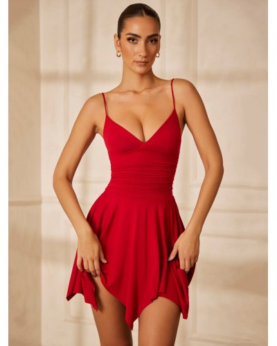 Summer Dress V-Neck Irregular Red Short Beach Dress Sexy Party Dating Resort Wear