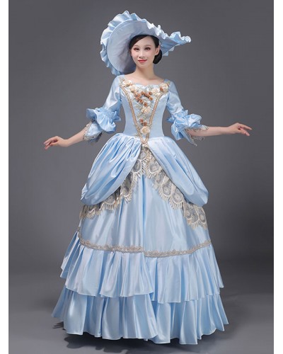 Women Light Sky Blue Retro Costumes Lace Polyester Hat 's Marie Antoinette Costume Masquerade Ball Gown Tunic Vintage Royal