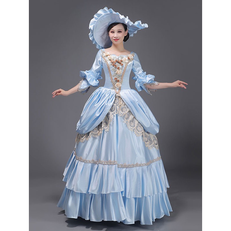 Women Light Sky Blue Retro Costumes Lace Polyester Hat 's Marie Antoinette Costume Masquerade Ball Gown Tunic Vintage Royal