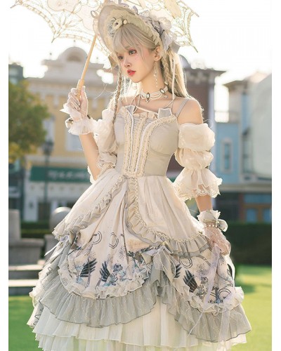 Lolita Wedding OP Dress Floral Print Light Gray Flowers Bows Lolita One Piece Dresses Sweet Spring Summer Fall Tea Party