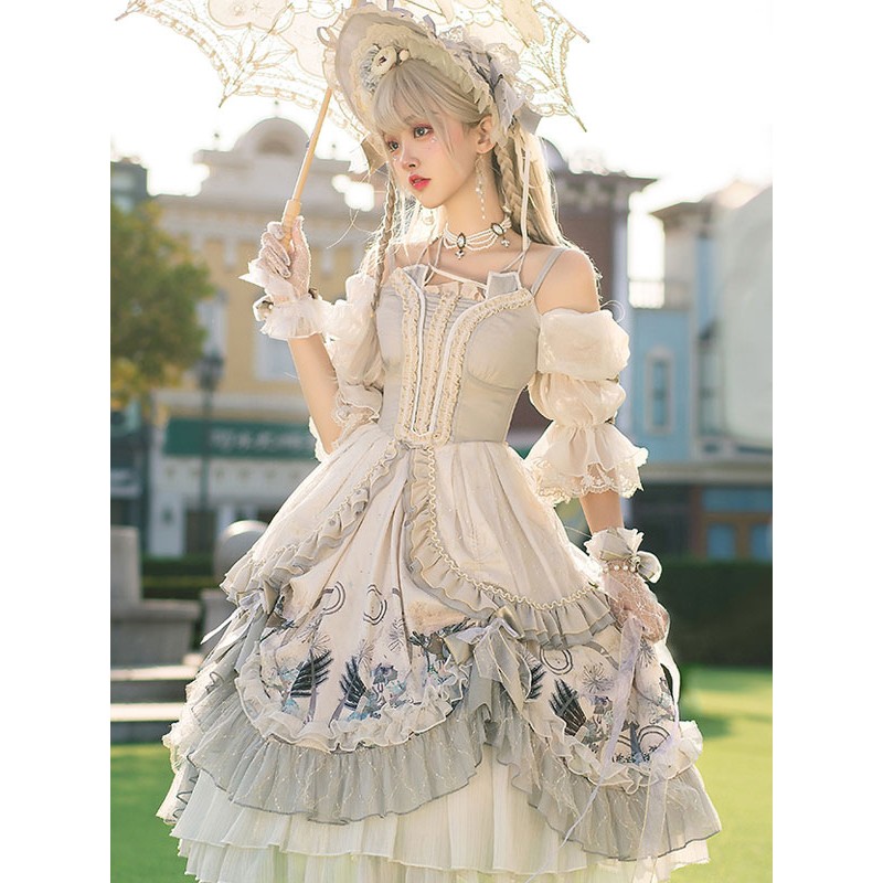 Lolita Wedding OP Dress Floral Print Light Gray Flowers Bows Lolita One Piece Dresses Sweet Spring Summer Fall Tea Party