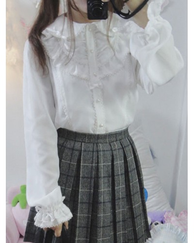 Classic Lolita Shirt Lace Ruffle Pearl Chiffon White Lolita Blouse Tops Classic  Traditional Daily Casual Tea Party