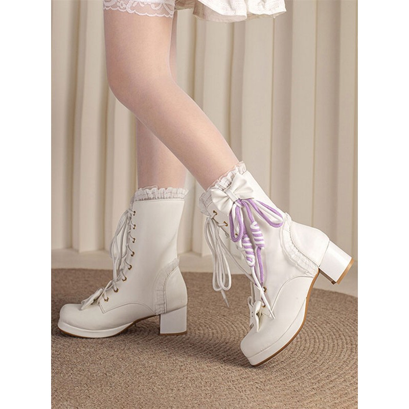 Lolita PU Leather Bows Ruffles Round Toe White Lolita Footwear Boots Sweet