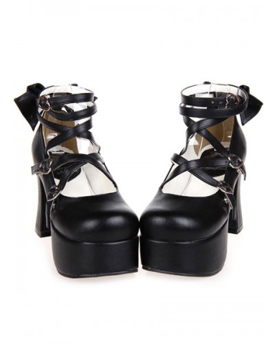 Matte Black Lolita Chunky Heels Platform Ankle Straps Bows Buckles Sweet Street Wear