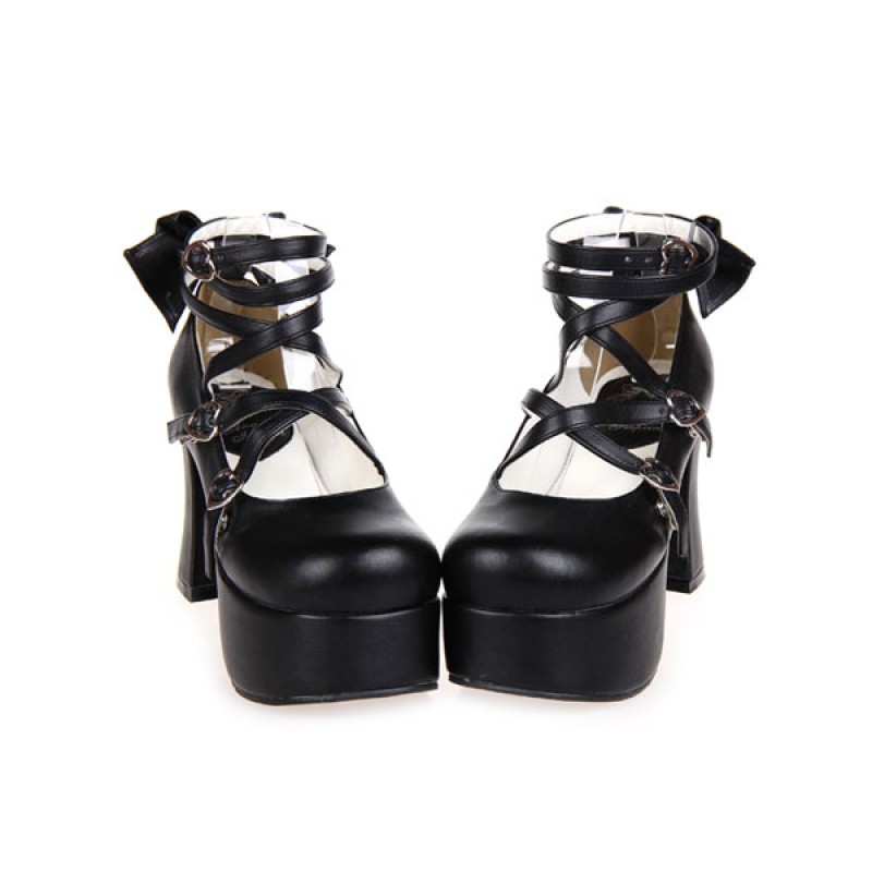 Matte Black Lolita Chunky Heels Platform Ankle Straps Bows Buckles Sweet Street Wear