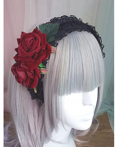 Gothic Lolita Headband Rose Lace Ruffle Black Lolita Headdress