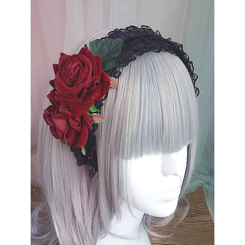 Gothic Lolita Headband Rose Lace Ruffle Black Lolita Headdress