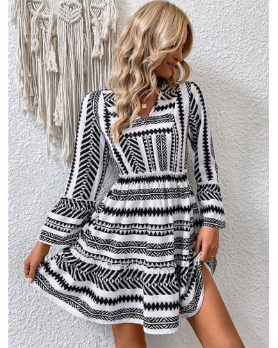 Women Geometric V-Neck Long Sleeves Midi Dress Bohemian Fall