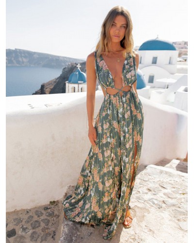 Dress V-Neck Sleeveless Floral Print Lace Up Long Dress Maxi Summer