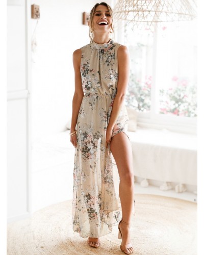 Boho Dress Floral Print Chiffon High Collar Split Soft Pink Summer Long Dress For Women Maxi Beach Street Wear Resort Wear