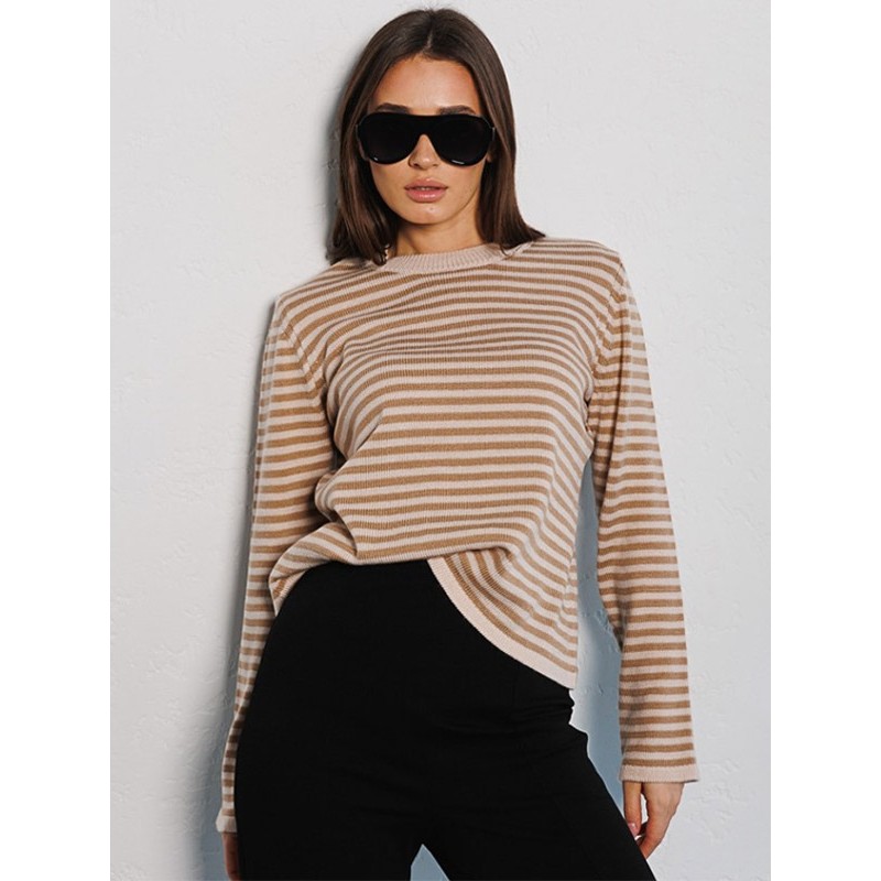 Women Pullovers Green Stripes Jewel Neck Long Sleeves Acrylic Sweaters Casual Fall Winter