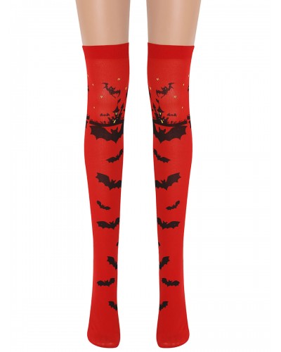 Women Overknee Socks Red Bat Print Carnival Cosplay Costume Halloween