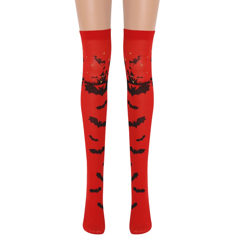 Women Overknee Socks Red Bat Print Carnival Cosplay Costume Halloween