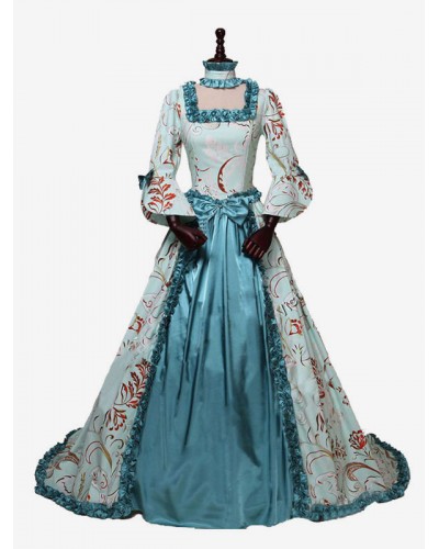 Women Victorian Dress Costume 's Light Sky Blue Rococo Retro Floral Print Marie Antoinette Victorian Era Style With Choker Clothing Sets Vintage Baroque