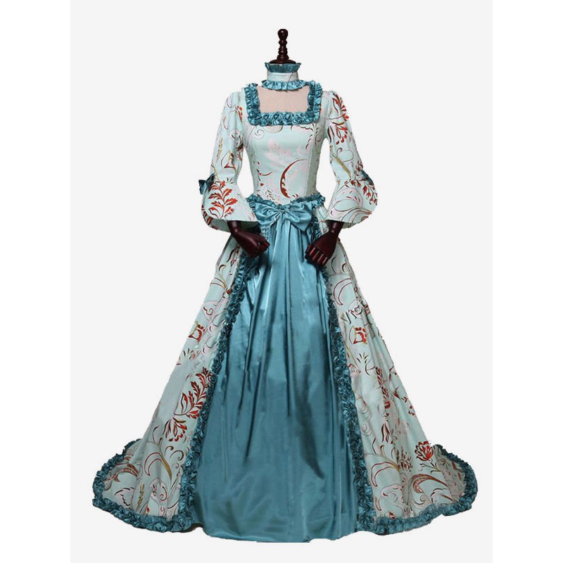 Women Victorian Dress Costume 's Light Sky Blue Rococo Retro Floral Print Marie Antoinette Victorian Era Style With Choker Clothing Sets Vintage Baroque