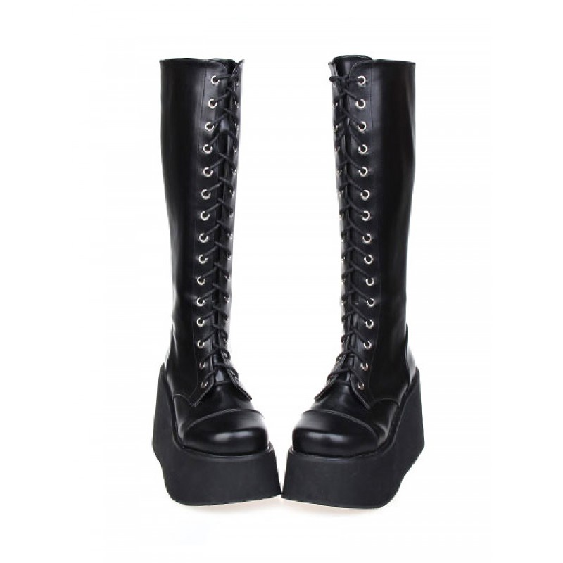 Street Wear Black Leather Platform Lolita Boots