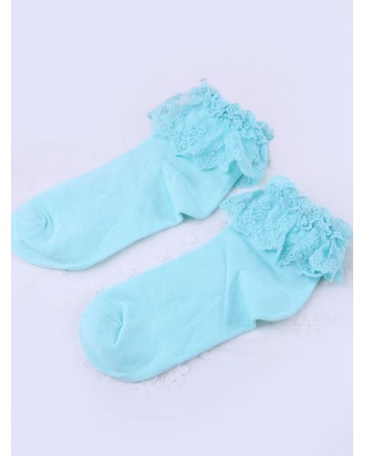 Pure Blue Cotton Blend Lace Trim Lolita Socks