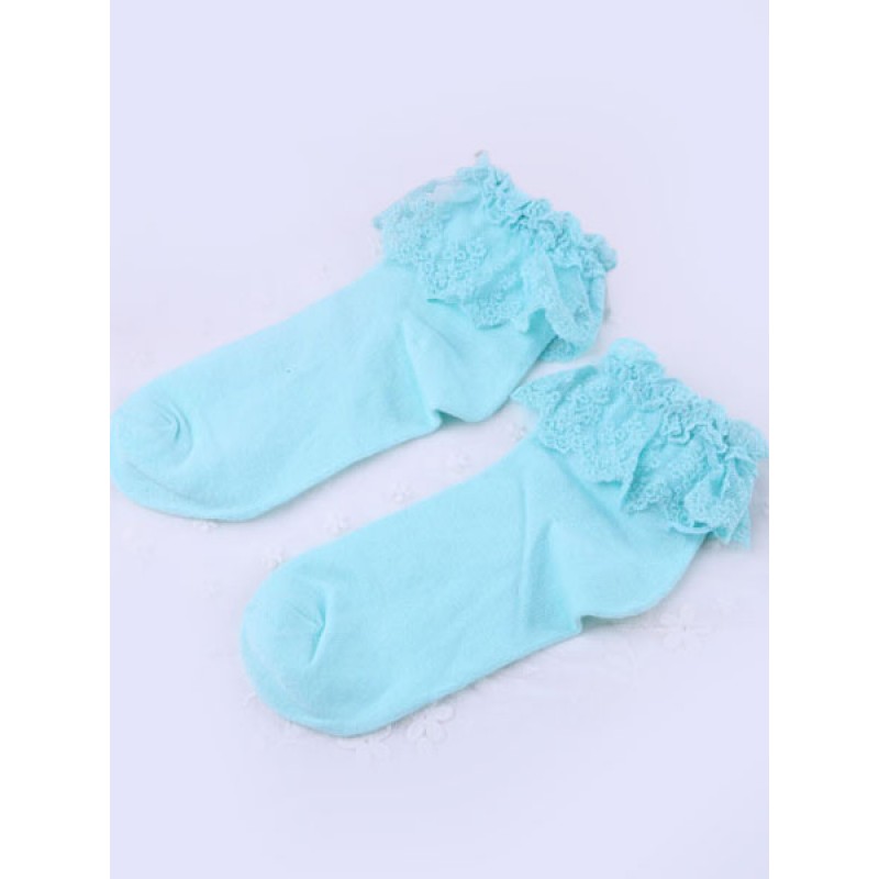 Pure Blue Cotton Blend Lace Trim Lolita Socks